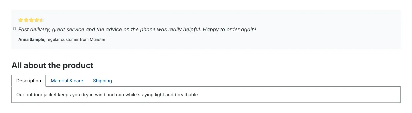Testimonial with star rating and tabs below