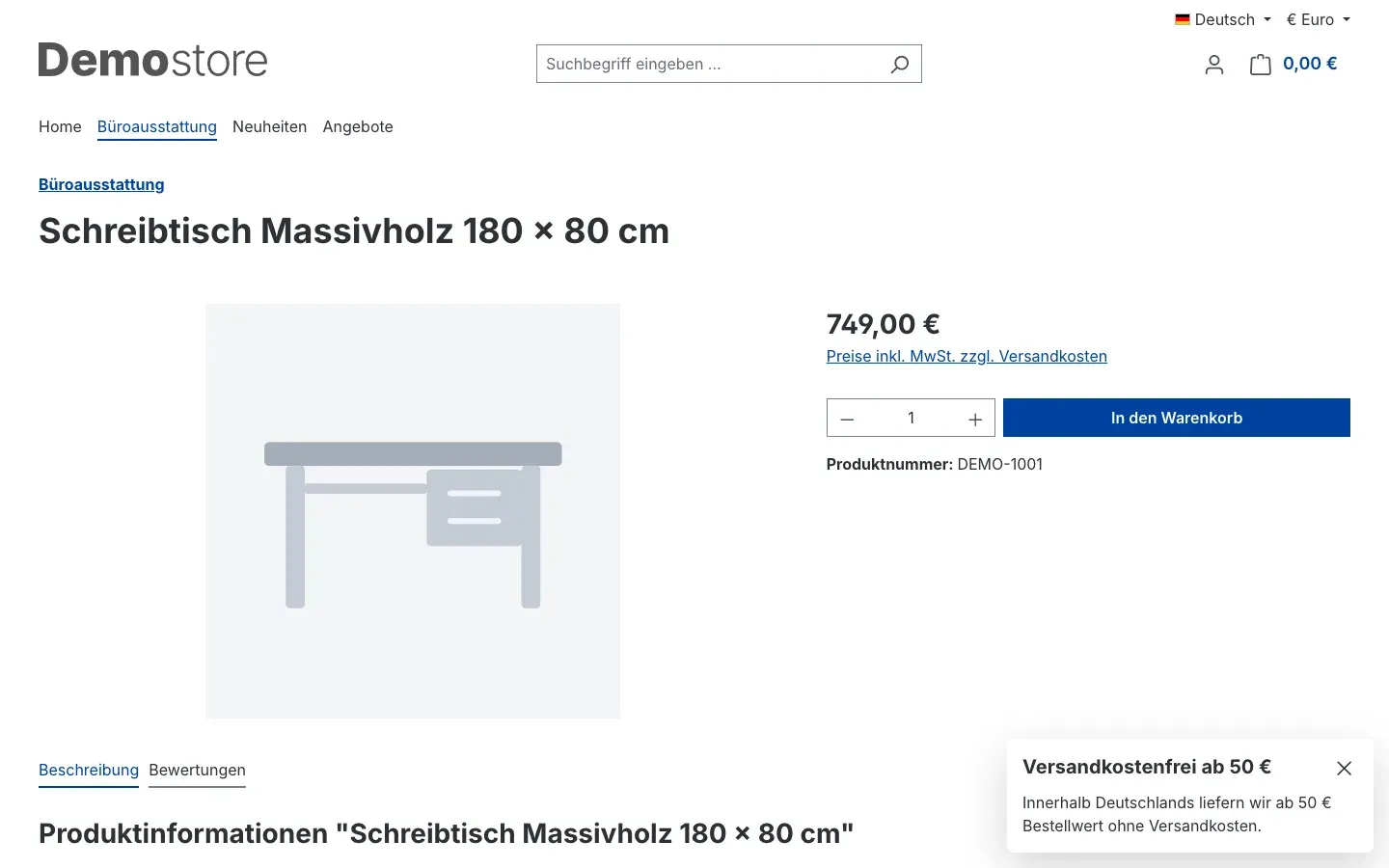 Meldung unten rechts auf einer Produktseite