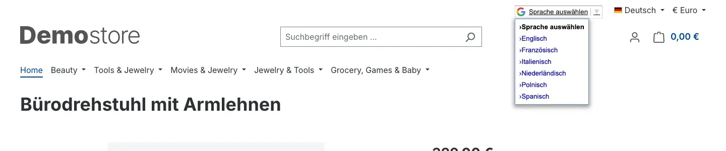 Die Sprachliste im Auswahlfeld
