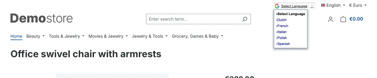The language list in the selector