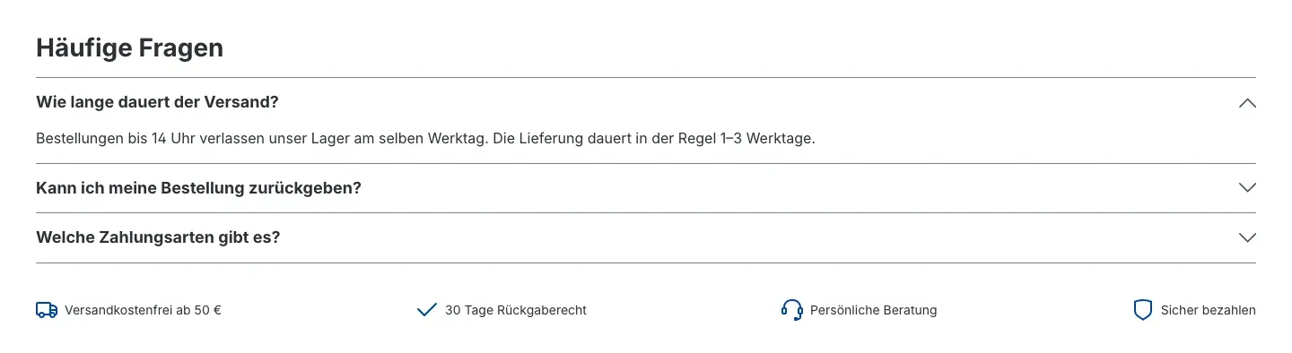 Akkordeon mit geöffnetem ersten Eintrag und darunter die Infobar