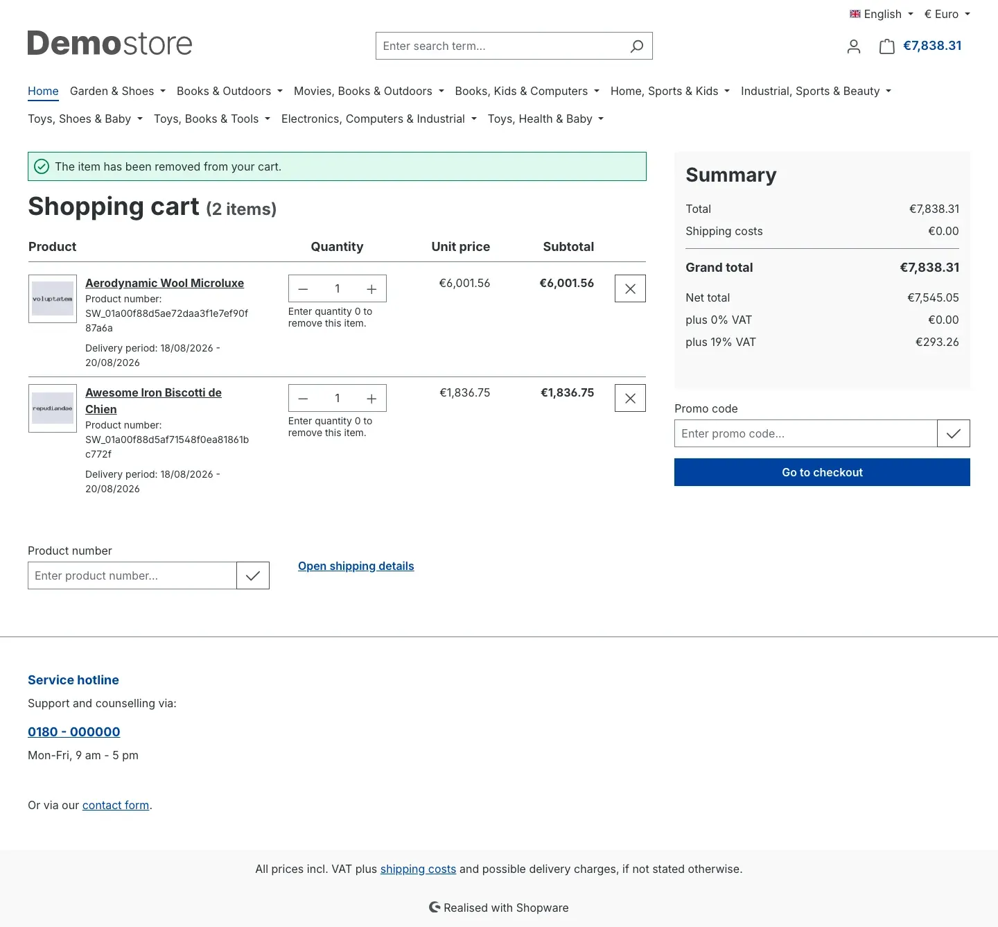 Item removed, confirmation visible