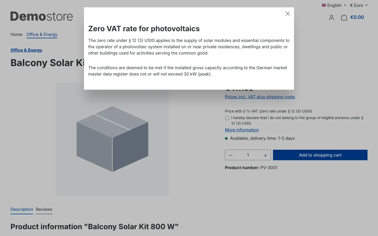 Information page in a modal window