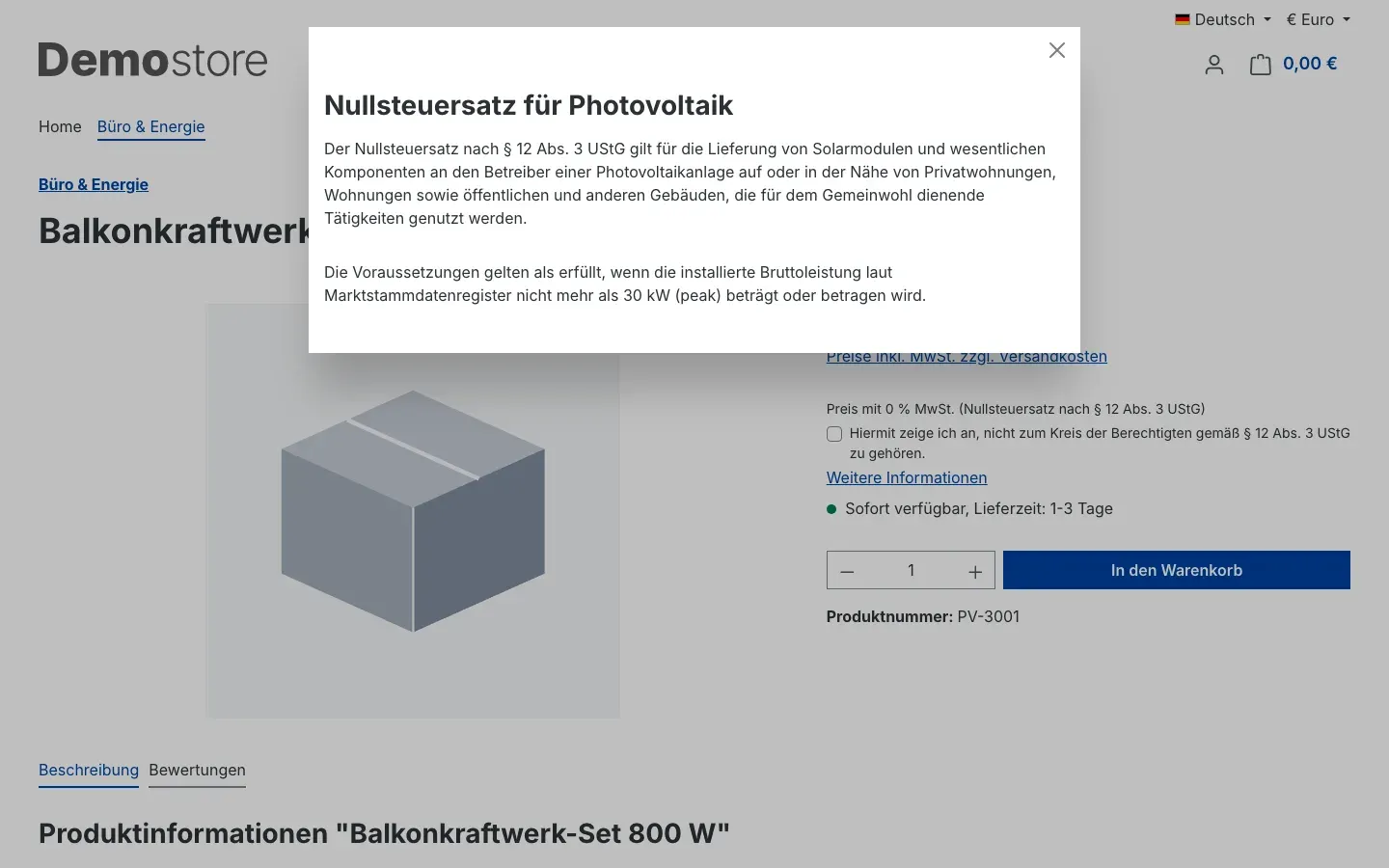 Informationsseite im Modalfenster
