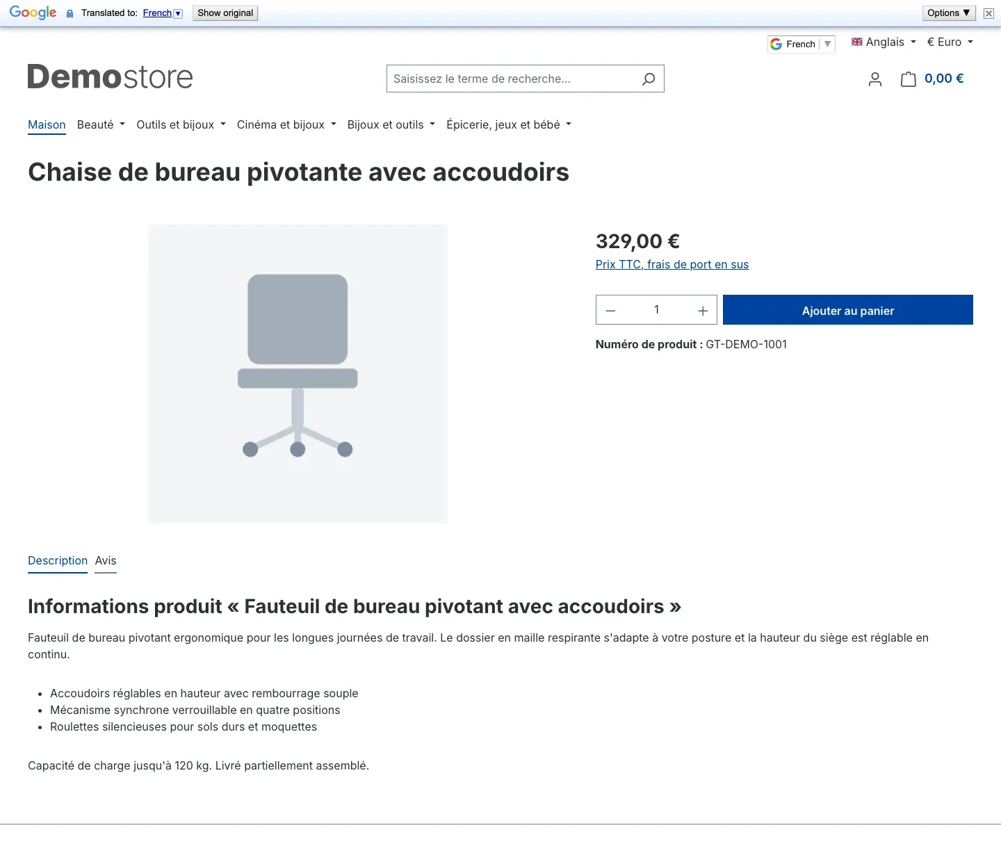 A product page translated into French
