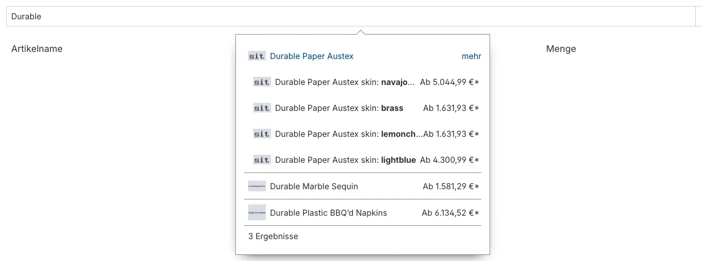 Aufgeklappte Varianten eines Artikels in den Vorschlägen