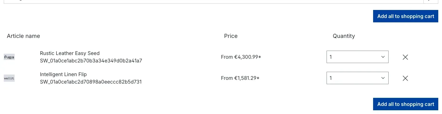 Order list with two articles, quantity selection and the Add all to shopping cart button