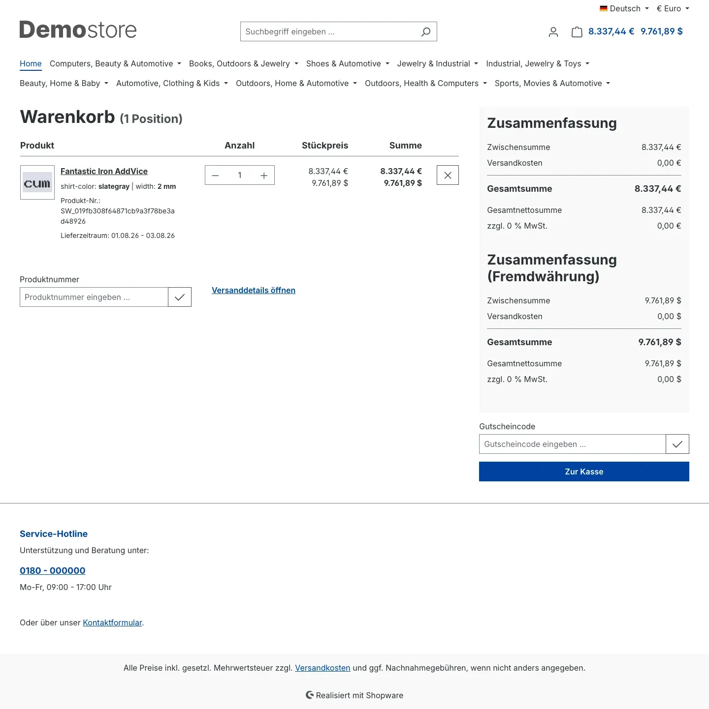 Warenkorbseite mit zweiter Zusammenfassung