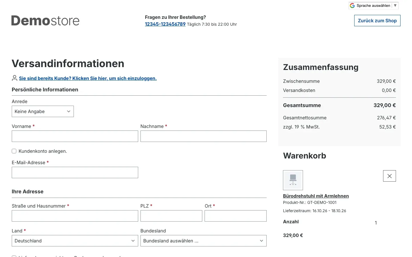 Das Auswahlfeld im Checkout