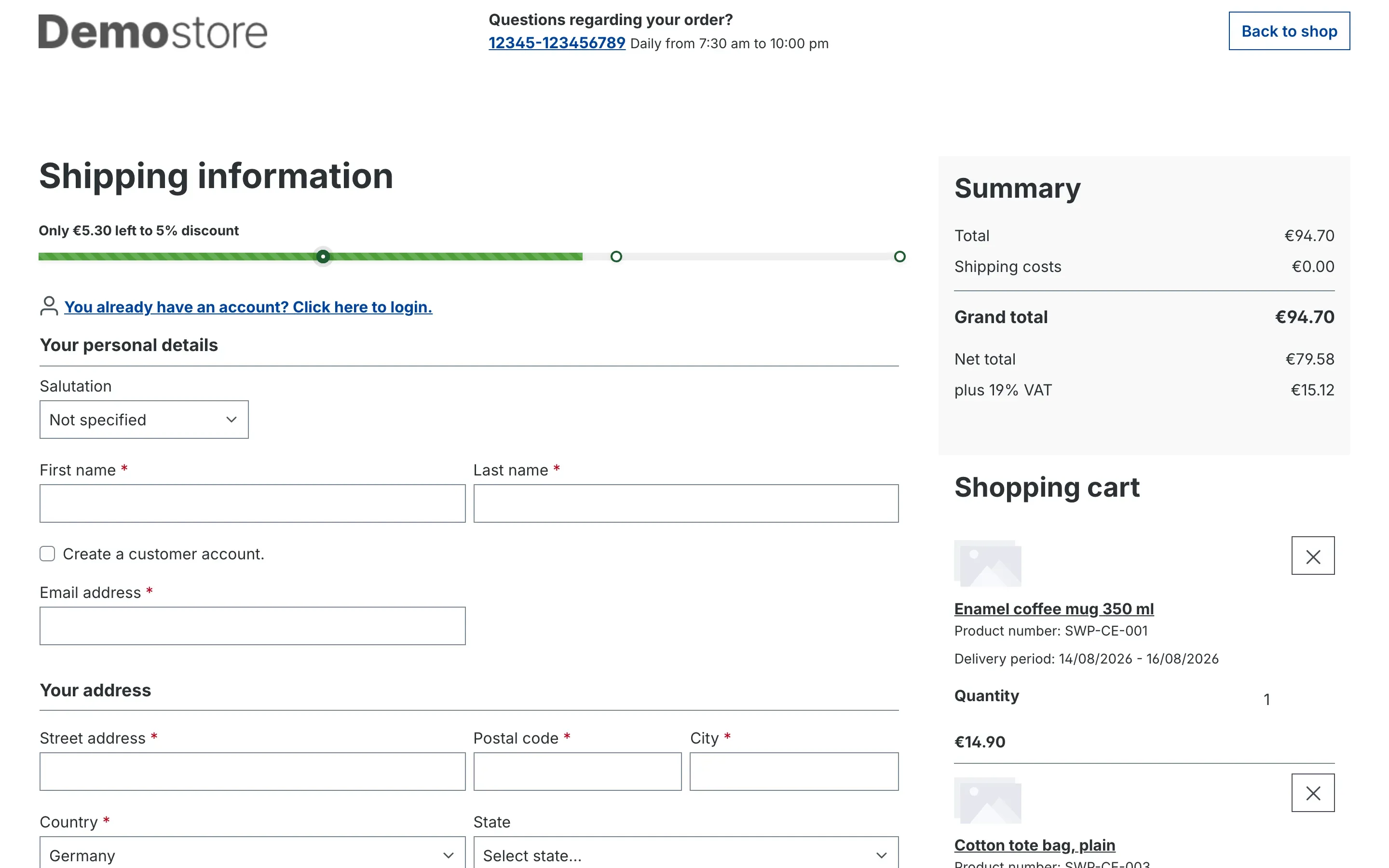 Progress bar on the checkout registration page