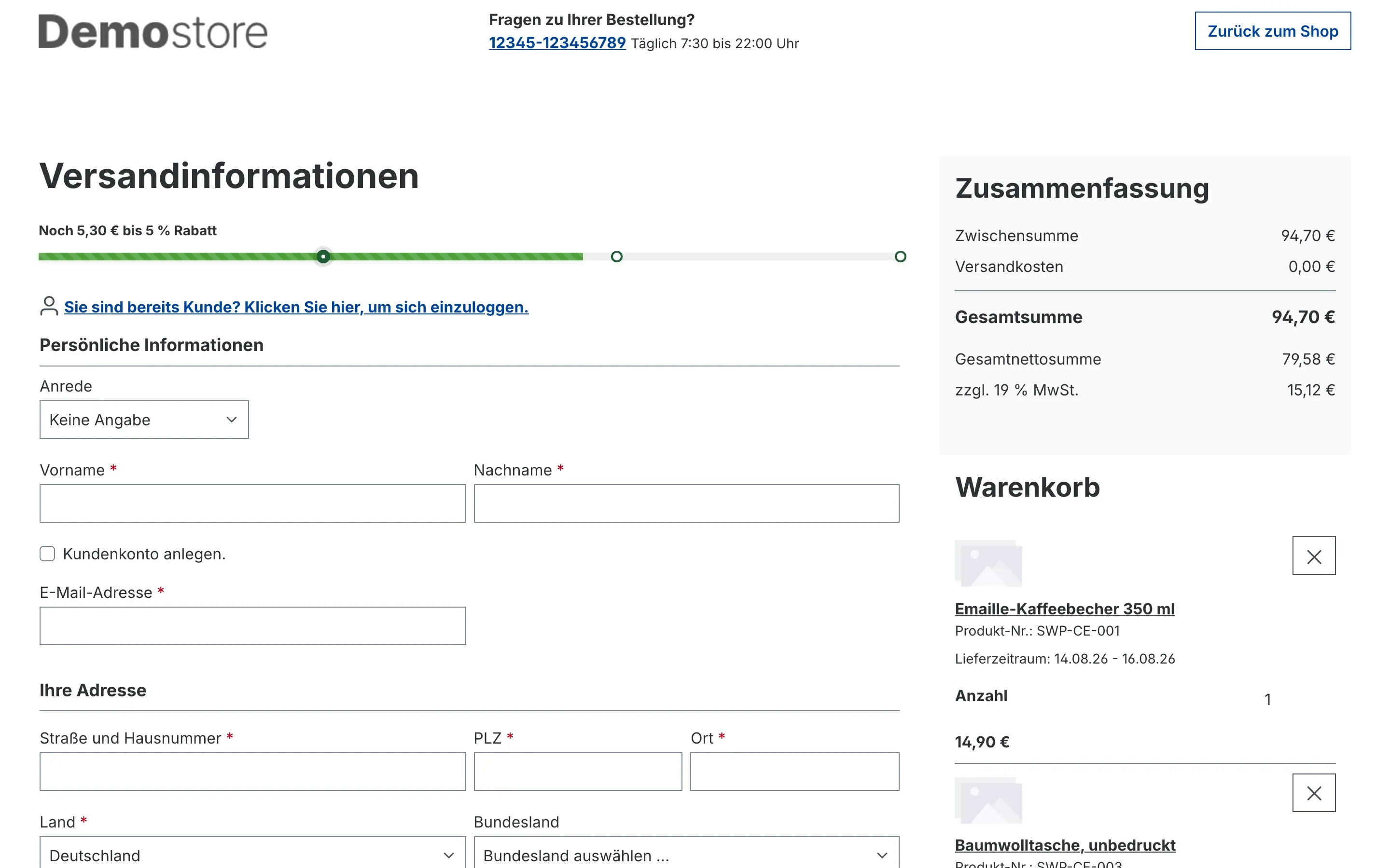 Fortschrittsbalken auf der Checkout-Registrierungsseite