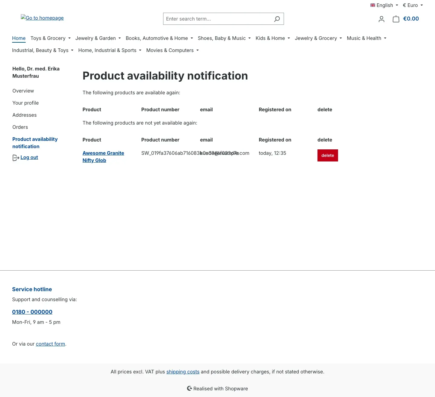 The overview in the customer account