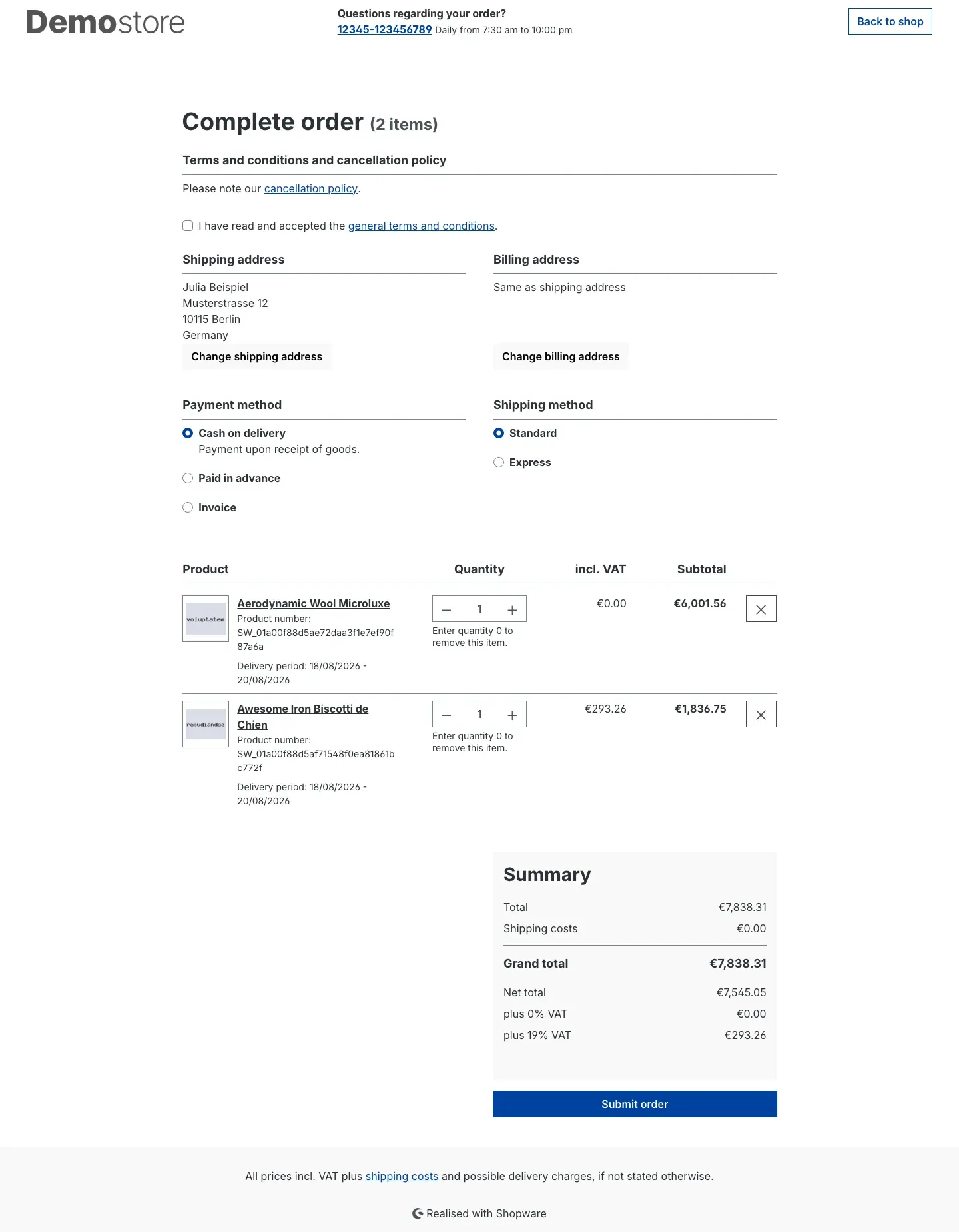 Order confirmation page with quantity field