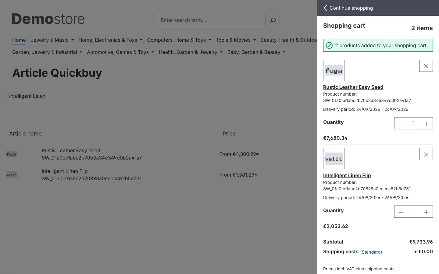Cart opened at the side with both articles and a confirmation message