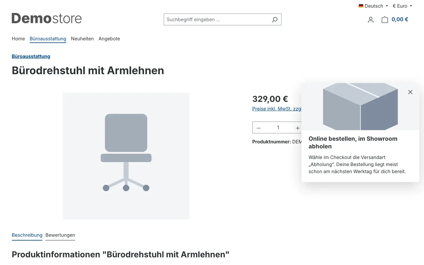 Geöffnetes Slide-in auf einer Produktseite