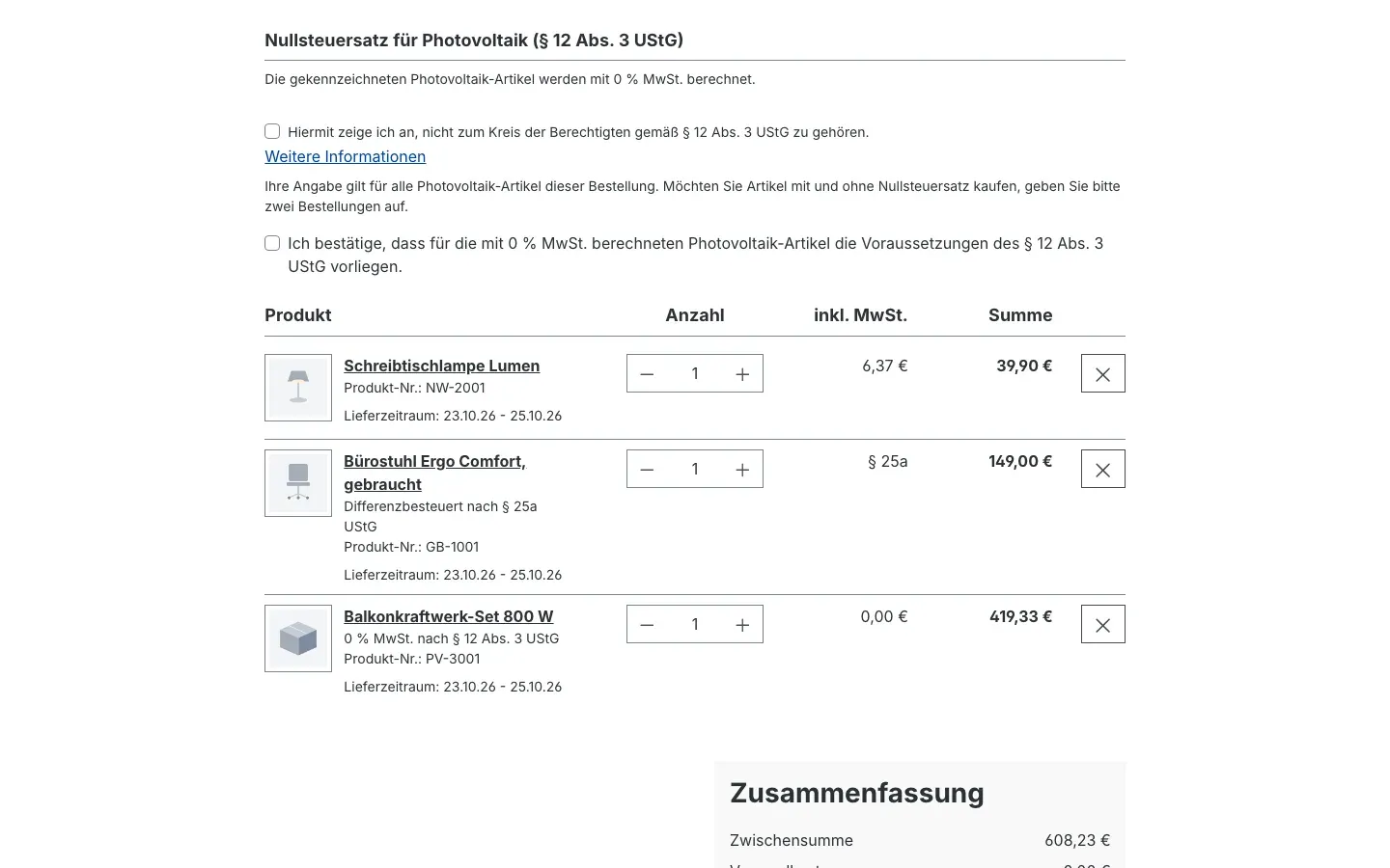 Photovoltaik-Karte im Checkout
