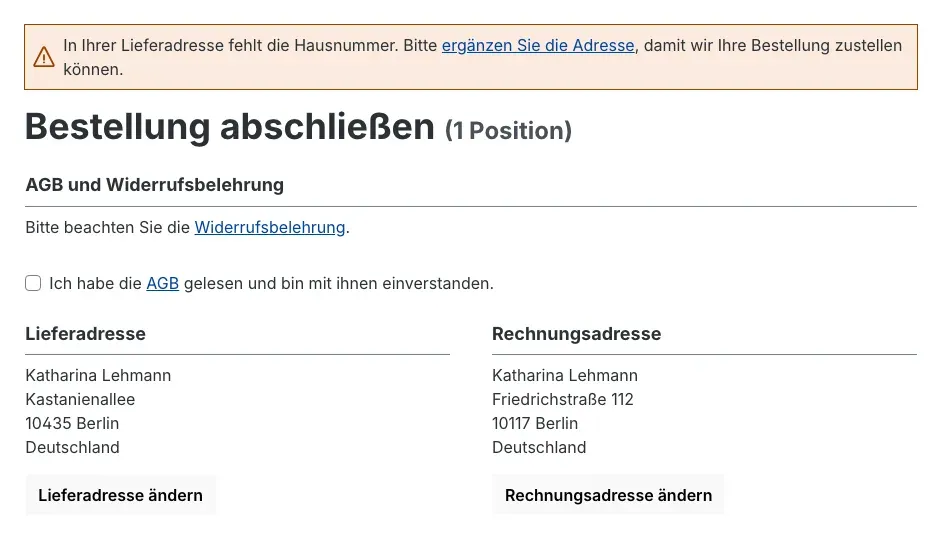Hinweis im Checkout im Modus „Hinweis“