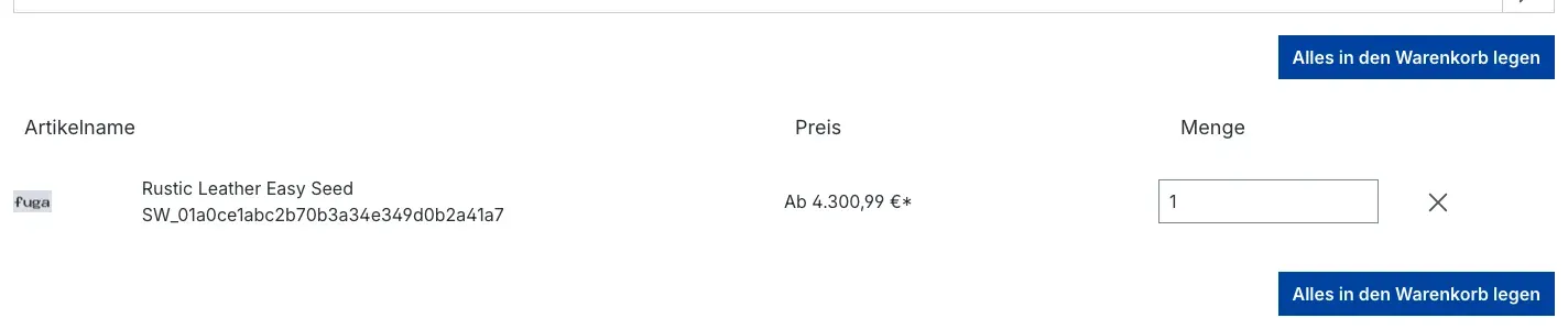 Bestellliste mit Eingabefeld für die Menge