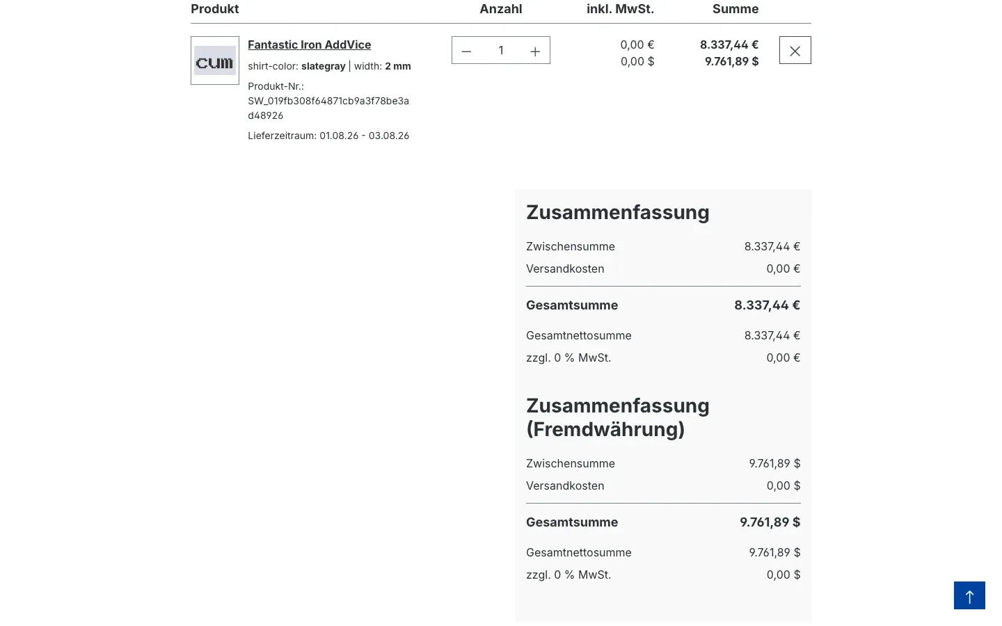 Kasse mit Zusammenfassung in der Fremdwährung