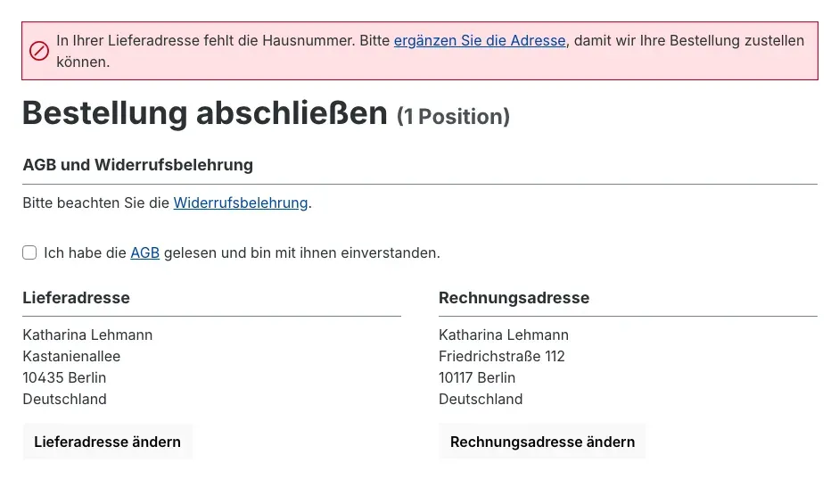 Fehlermeldung im Checkout im Modus „Pflicht“