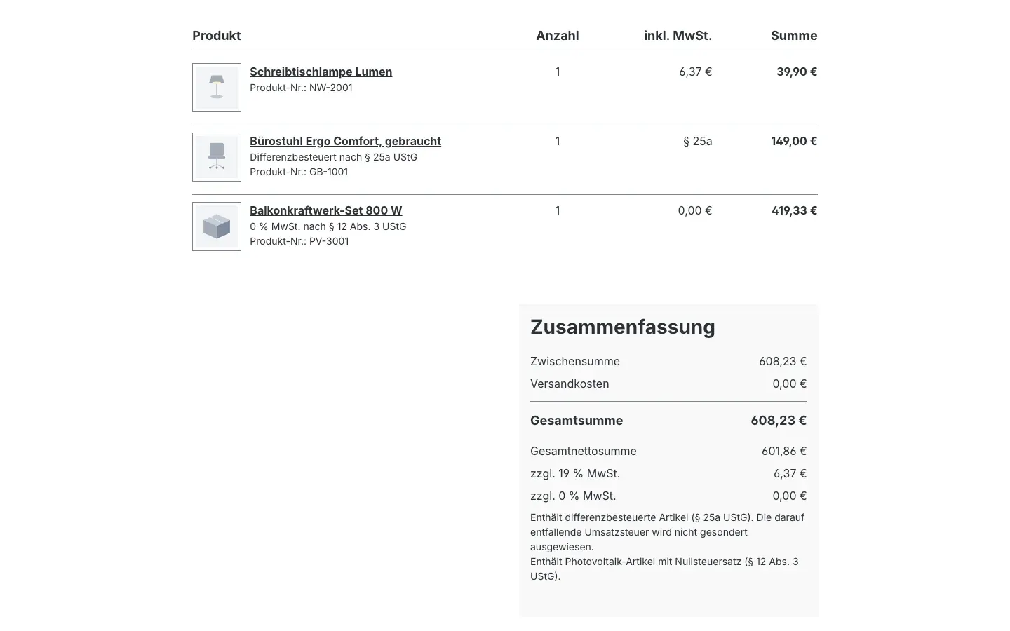 Hinweise nach dem Bestellabschluss