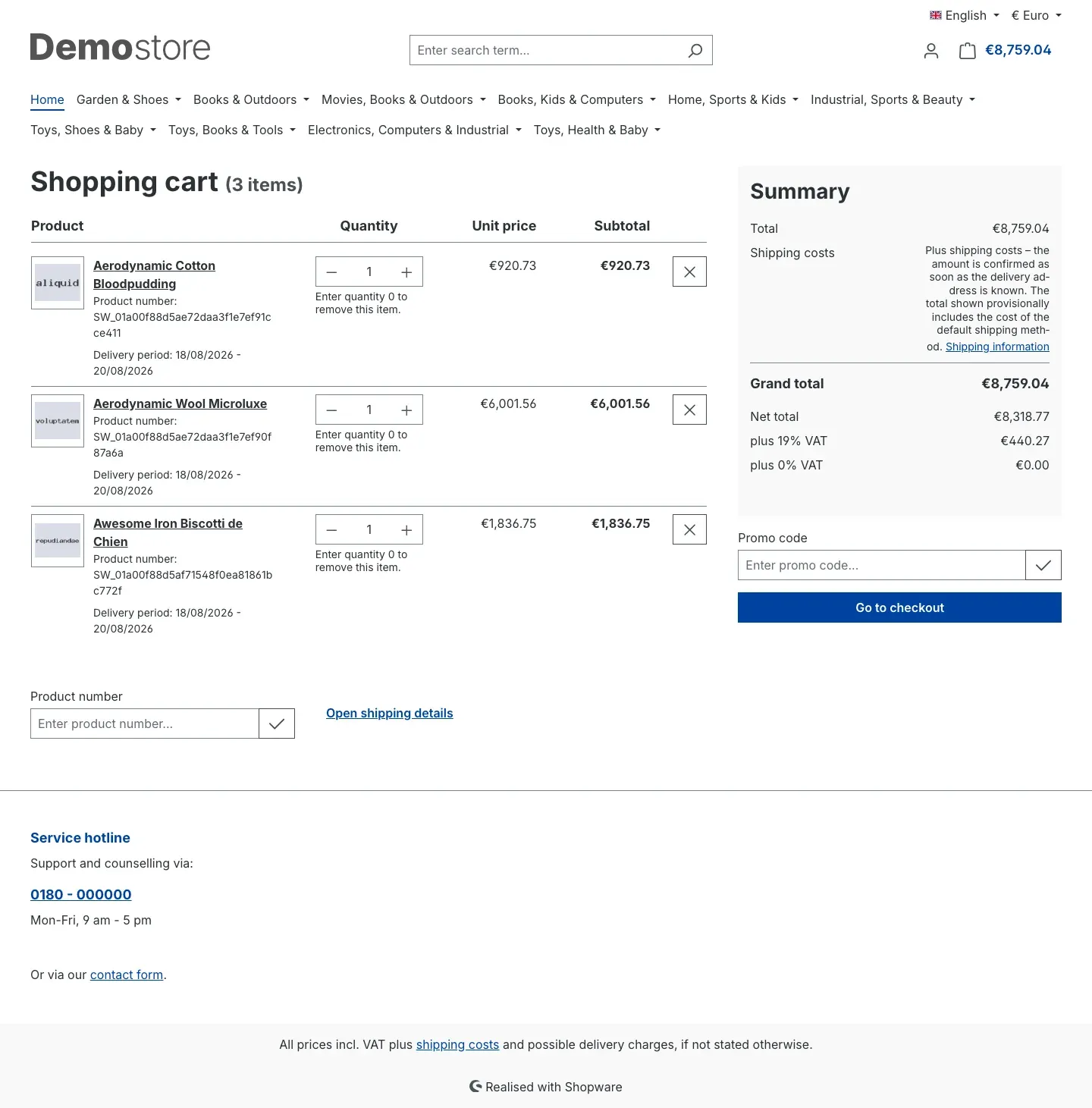 Shipping costs replaced by a note