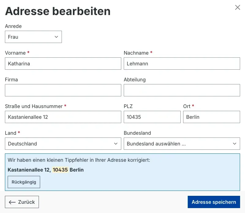 Automatische Korrektur beim Ändern der Adresse im Checkout