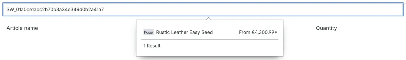 Result after entering the complete product number