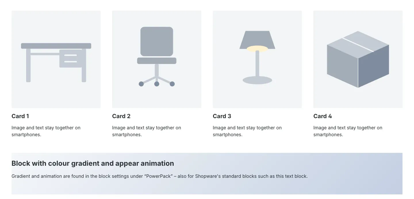 Layout “4 columns, image & text” and a block with colour gradient