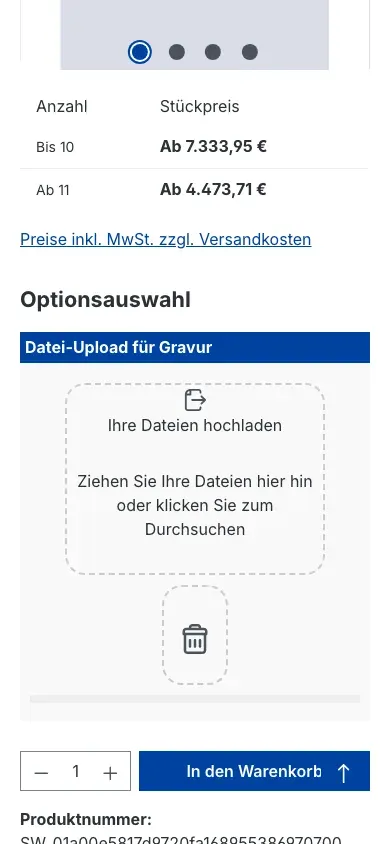 Uploadbereich auf der Produktseite in der mobilen Ansicht