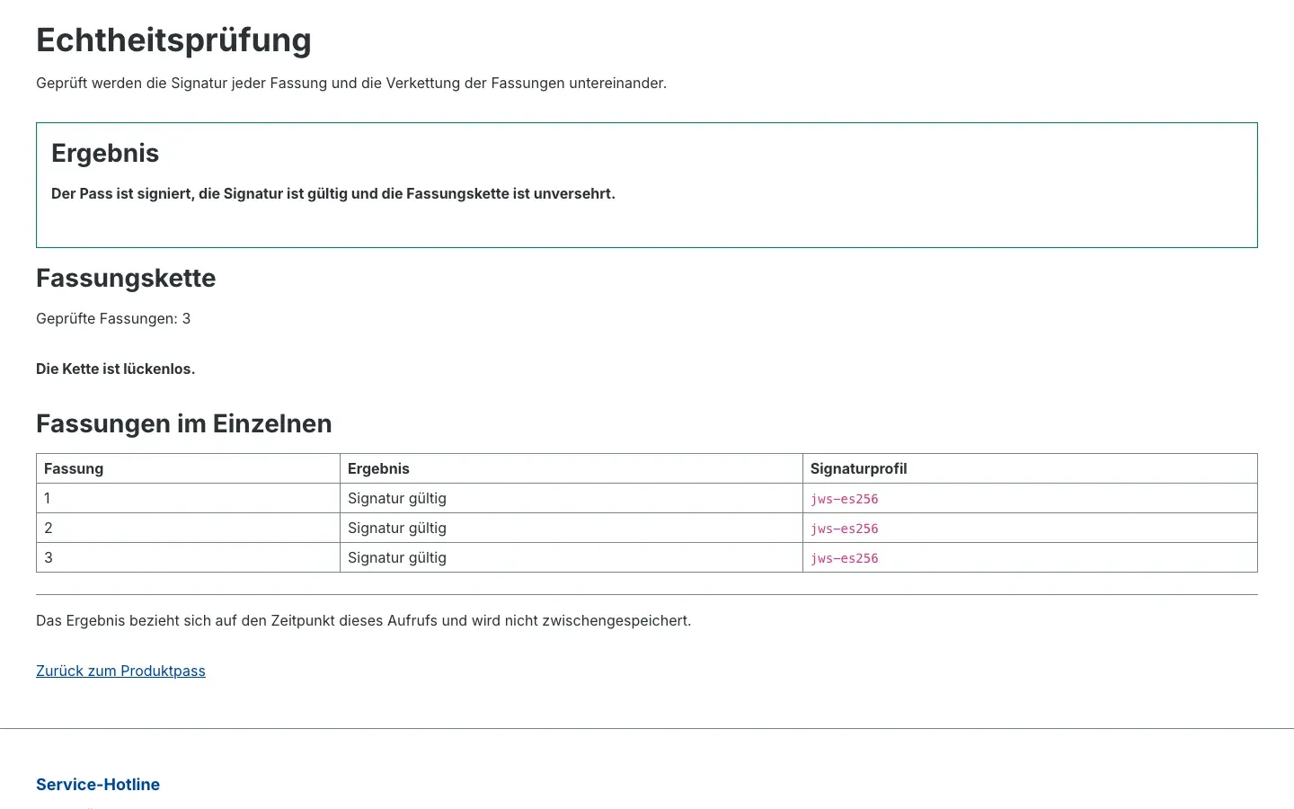 Die Seite „Echtheitsprüfung“