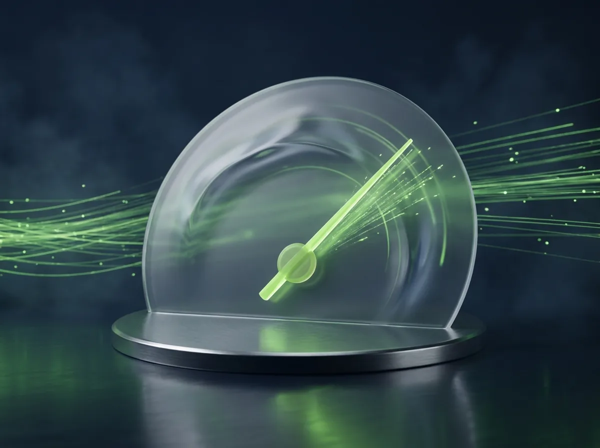 Abstrakte Visualisierung der Performance-Optimierung: ein Glas-Tacho mit grünem Zeiger und schnellen Lichtspuren