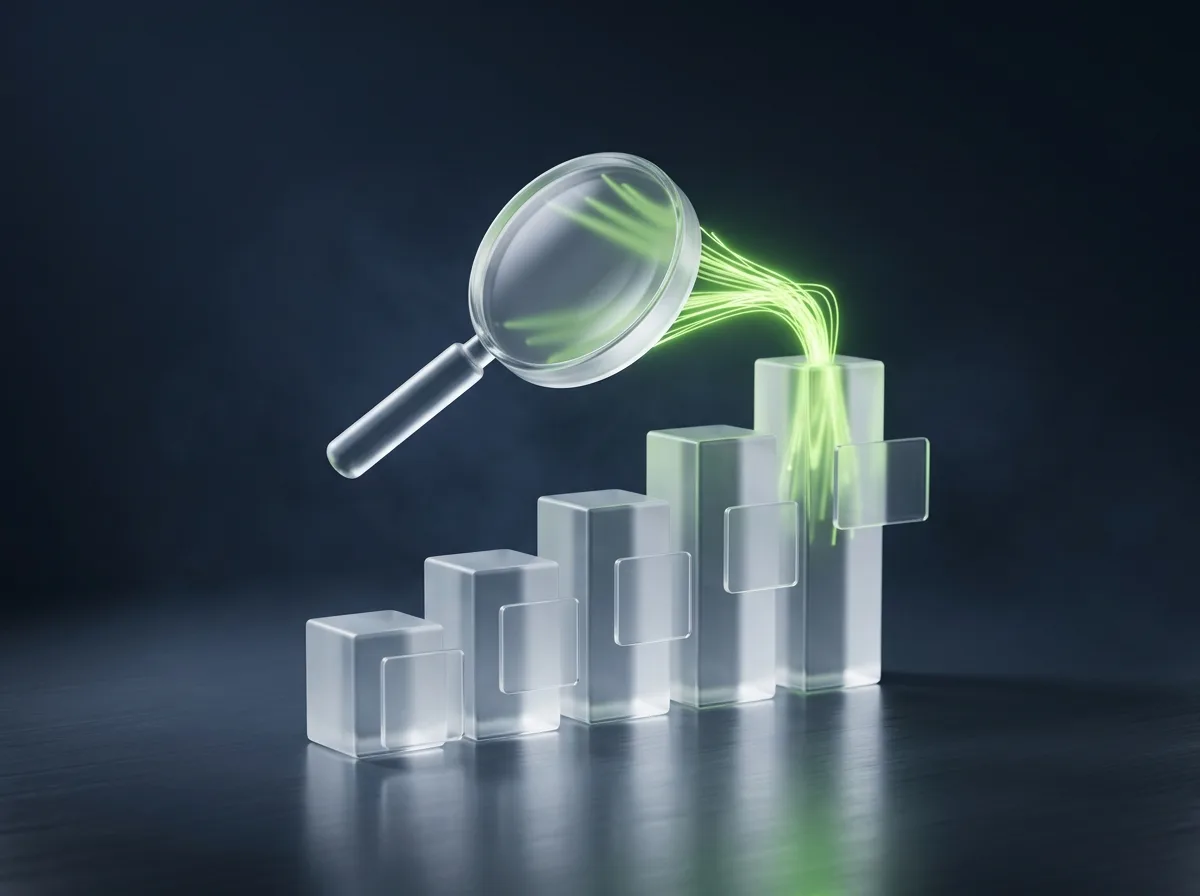 Abstrakte Visualisierung von SEO und Content-Pflege: eine Glas-Lupe über aufsteigenden Ranking-Balken mit Content-Karten