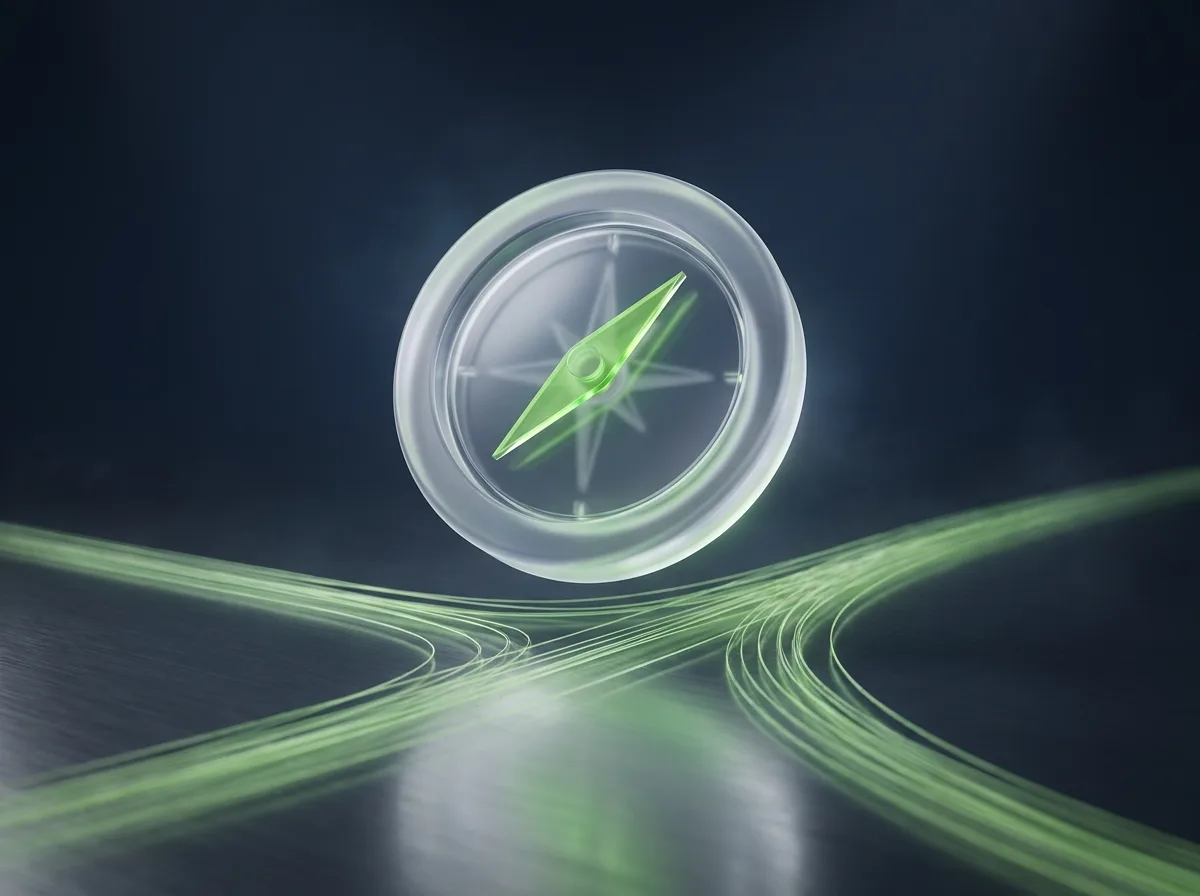 Abstrakte Visualisierung der strategischen Beratung: ein Glas-Kompass mit grüner Nadel über sich verzweigenden Lichtpfaden
