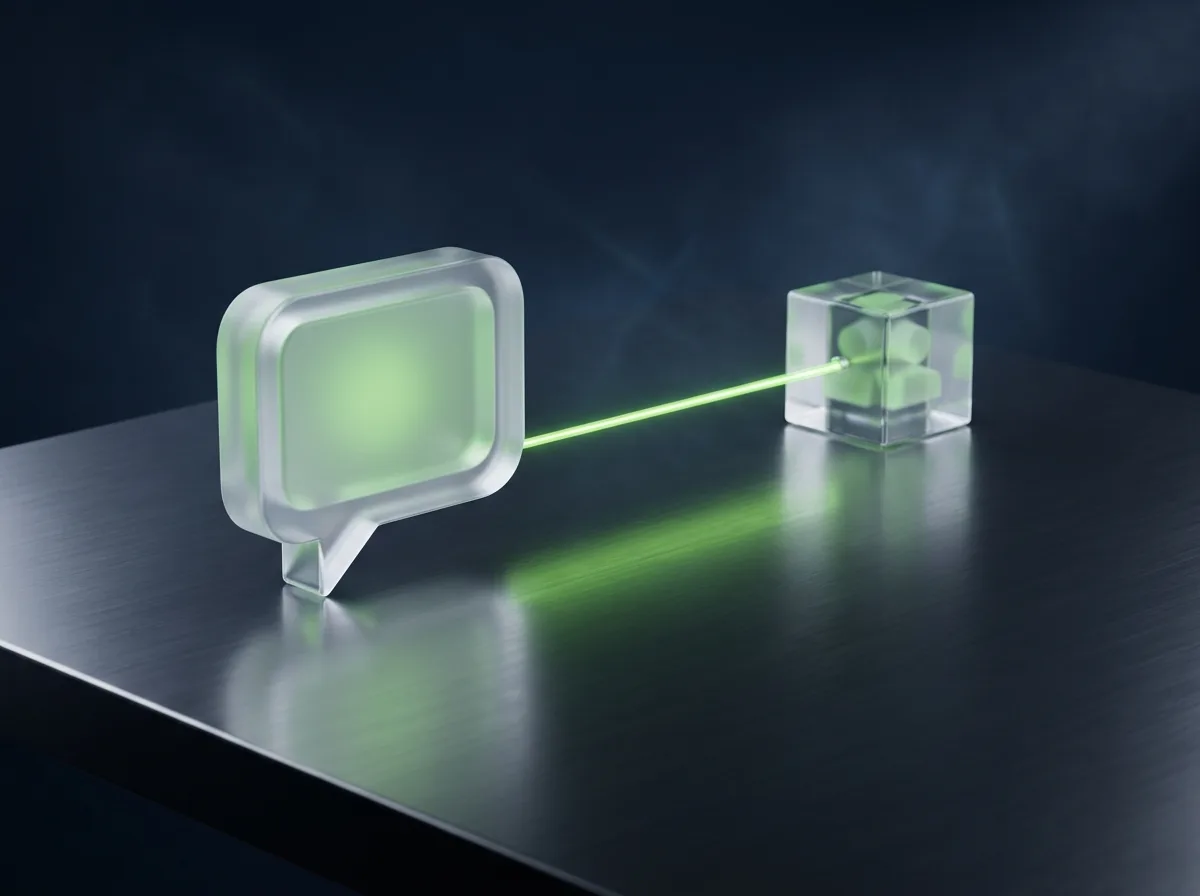 Abstrakte Visualisierung des technischen Supports: eine Glas-Sprechblase direkt mit dem Team durch eine Lichtlinie verbunden