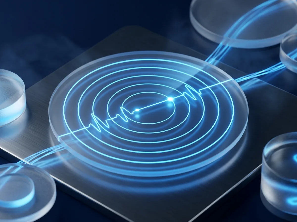 Abstrakte Visualisierung von Monitoring und Fehleranalyse: eine Glas-Radarscheibe mit leuchtenden Scan-Ringen und Puls-Linie