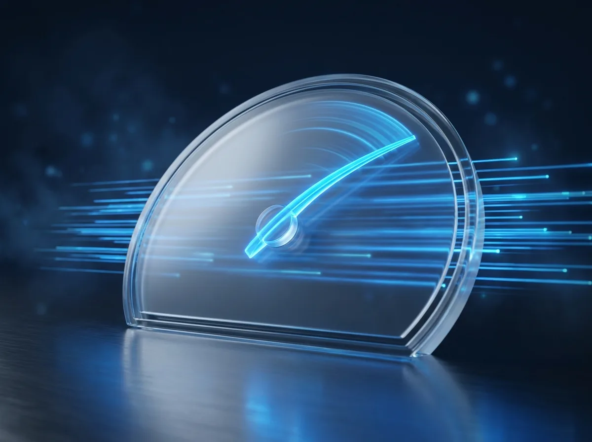 Abstrakte Visualisierung der Performance-Optimierung: ein Glas-Tacho mit leuchtendem Zeiger und schnellen Lichtspuren