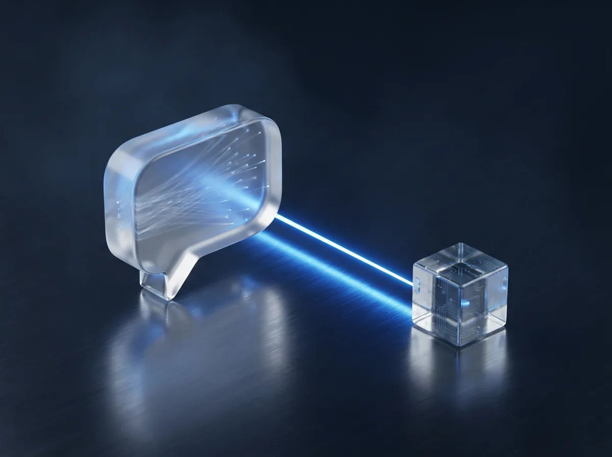 Abstrakte Visualisierung des technischen Supports: eine Glas-Sprechblase direkt mit einem Entwickler-Würfel durch eine Lichtlinie verbunden