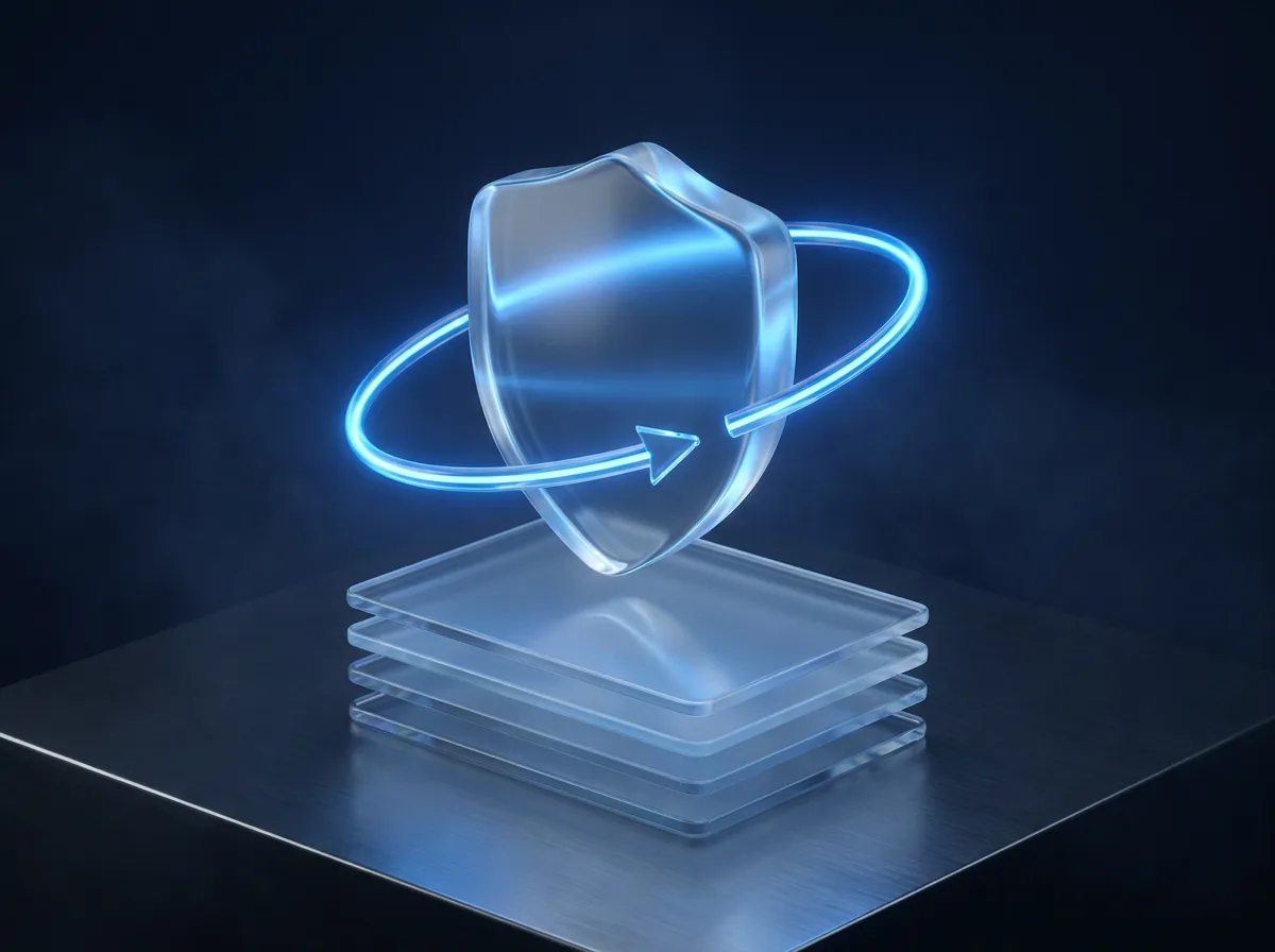 Abstrakte Visualisierung des Update-Service: ein leuchtendes Glas-Schild über gestapelten Glasschichten, umkreist von einem Lichtpfeil-Ring