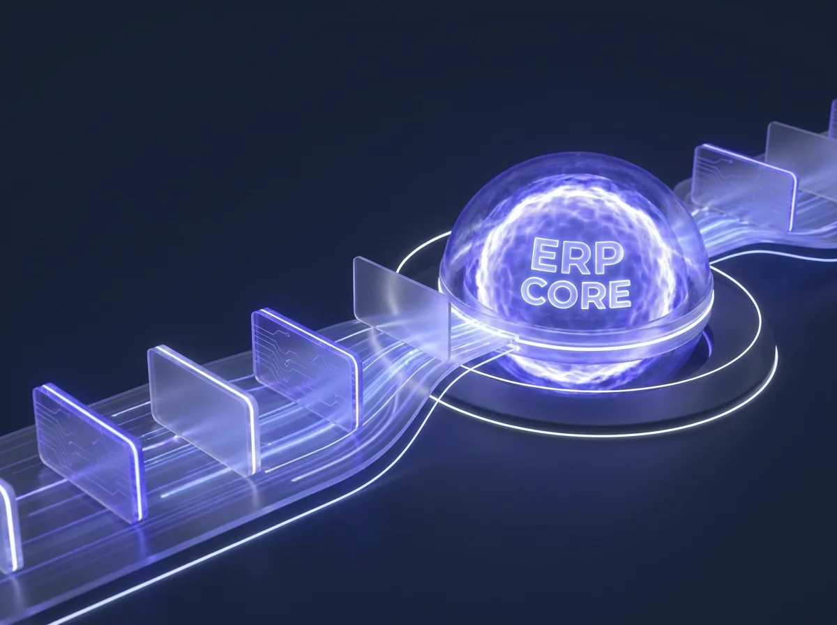 Abstrakte, gebrandete Visualisierung zum Thema „Aufträge automatisch ins ERP“