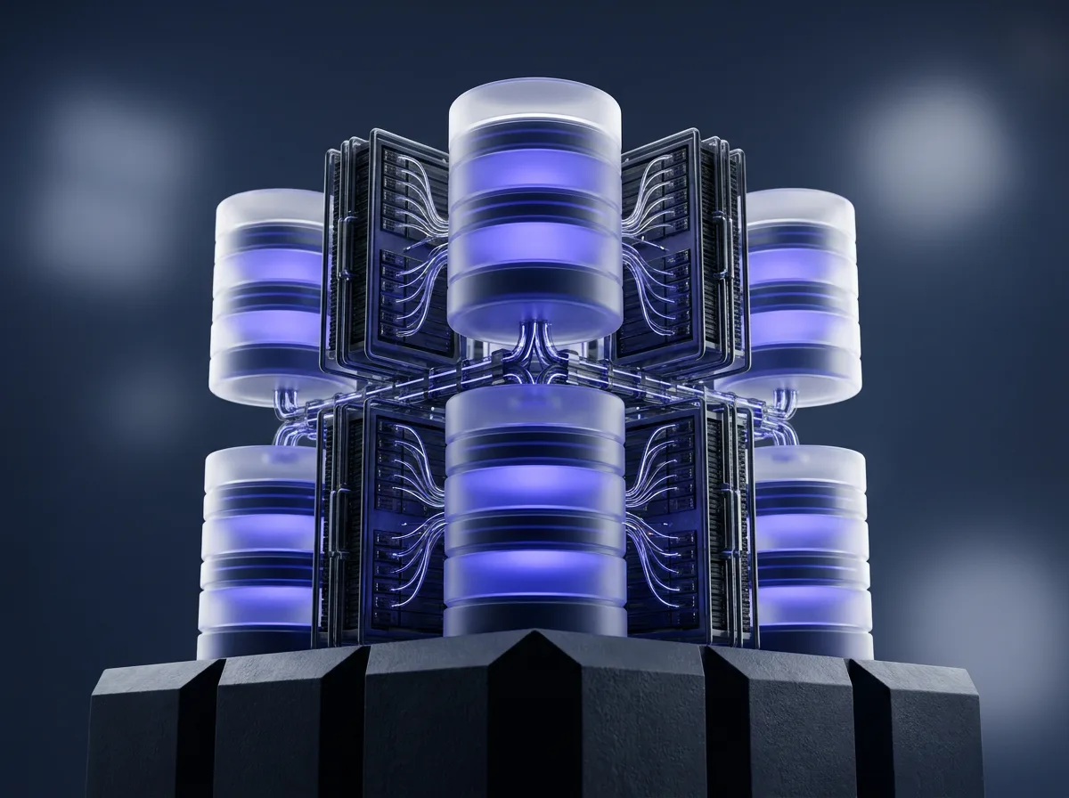 Abstrakte, gebrandete Visualisierung zum Thema „Datenbank & Backend“