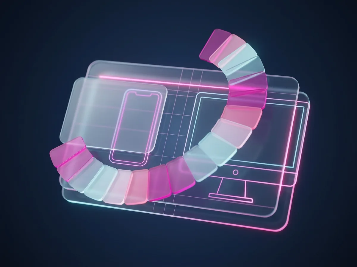 Abstrakte Visualisierung von Design und UX: schwebende Glas-Layout-Ebenen eines responsiven Onlineshops