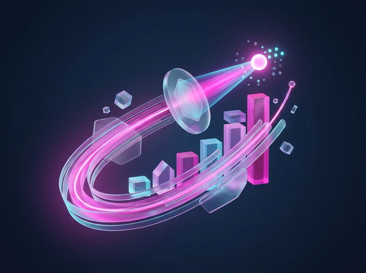 Abstrakte Visualisierung von SEO und Go-Live: aufsteigende Leuchtkurve mit wachsendem Performance-Graph