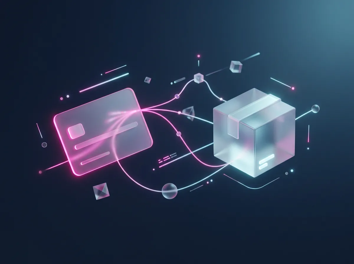 Abstrakte Visualisierung von Zahlung und Versand: leuchtendes Netzwerk zwischen Bezahlkarte und Paket