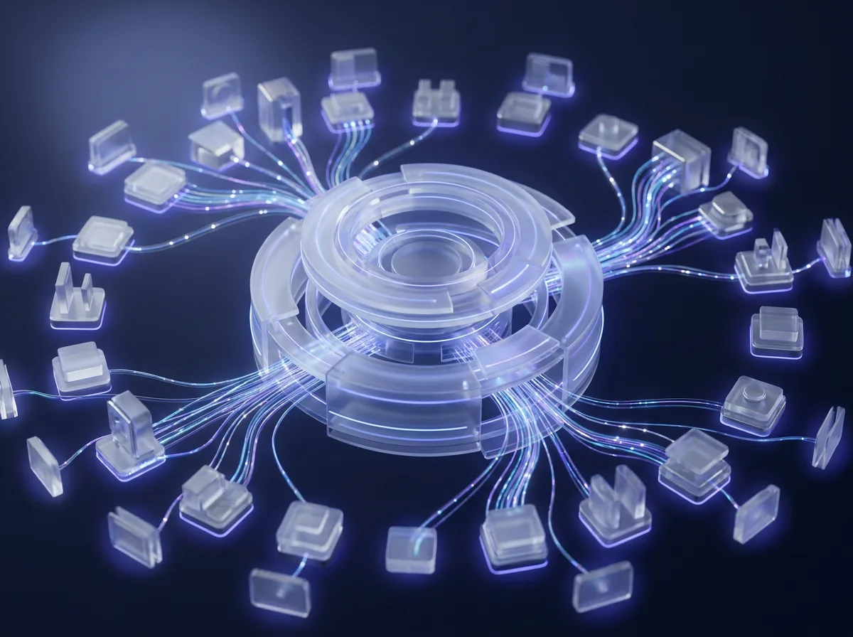 Abstrakte, gebrandete Visualisierung zum Thema „Middleware als zentrale Drehscheibe“