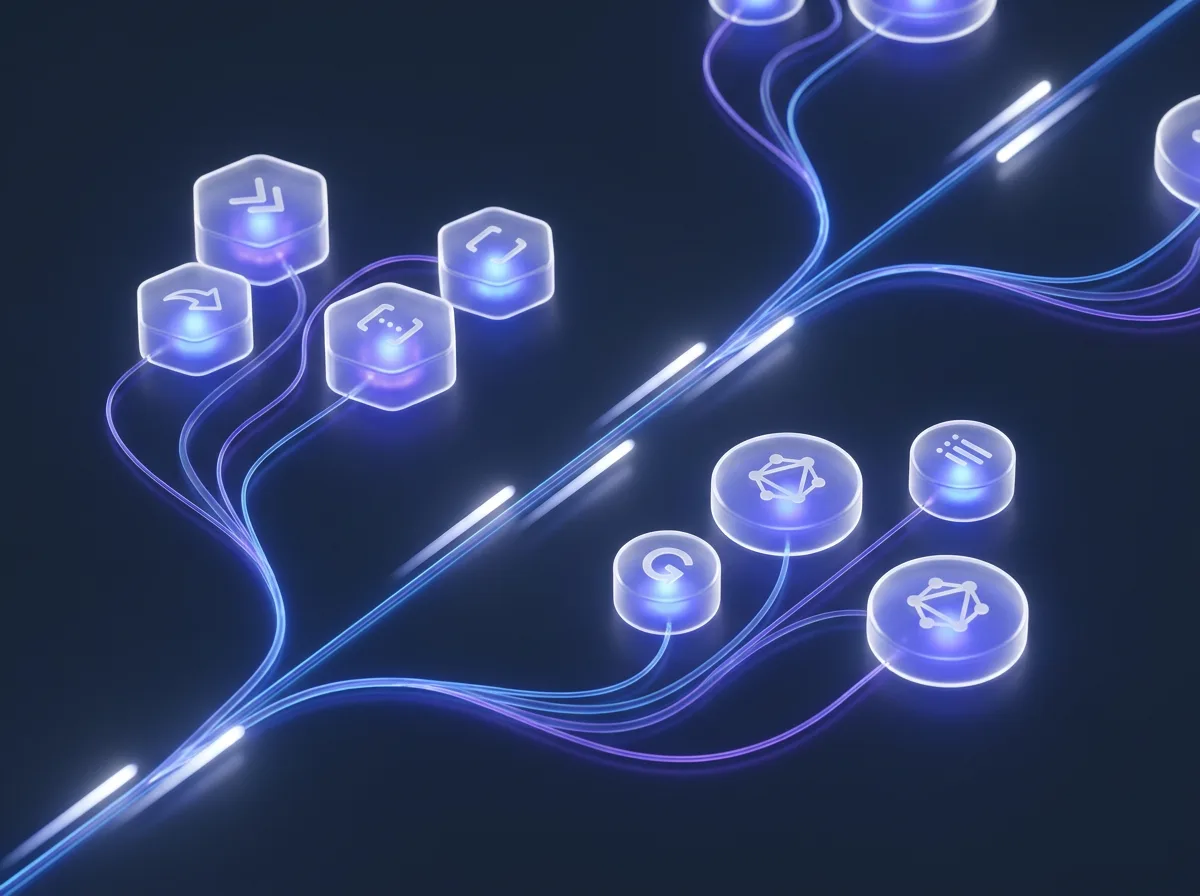 Abstrakte, gebrandete Visualisierung zum Thema „Eigene REST- und GraphQL-APIs“
