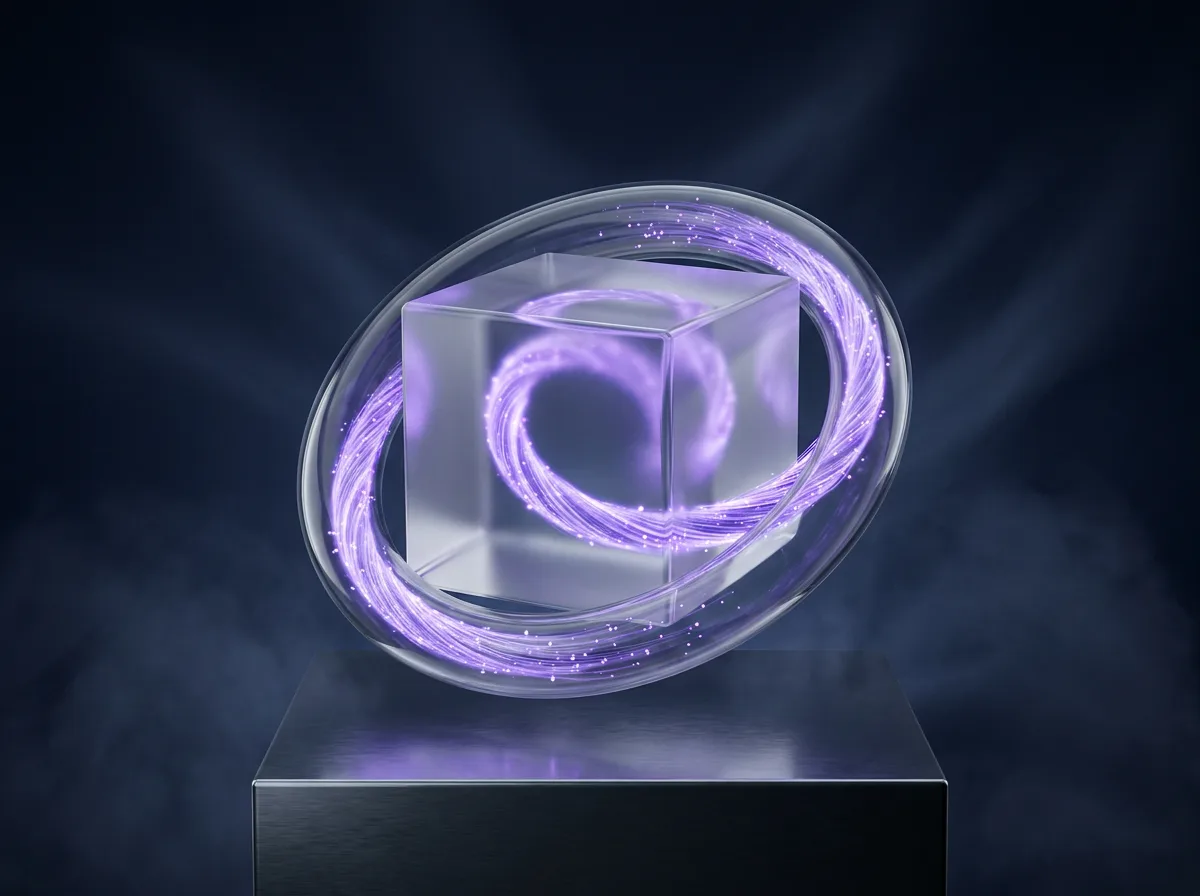Abstrakte Visualisierung der Dauerbetreuung: eine endlose Lichtschleife fließt um einen stabilen Glas-Kern