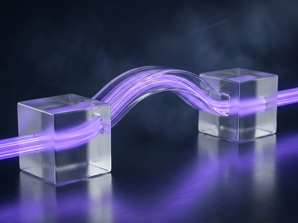 Abstrakte Visualisierung der selbst gebauten Schnittstelle: eine nahtlose Glasbrücke zwischen zwei Blöcken mit einem durchgehenden Lichtstrom