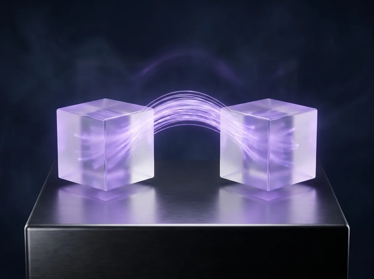 Abstrakte Visualisierung der Plattformwahl: zwei gleich große, leuchtende Glas-Storefronts auf Augenhöhe, verbunden durch eine Lichtbrücke
