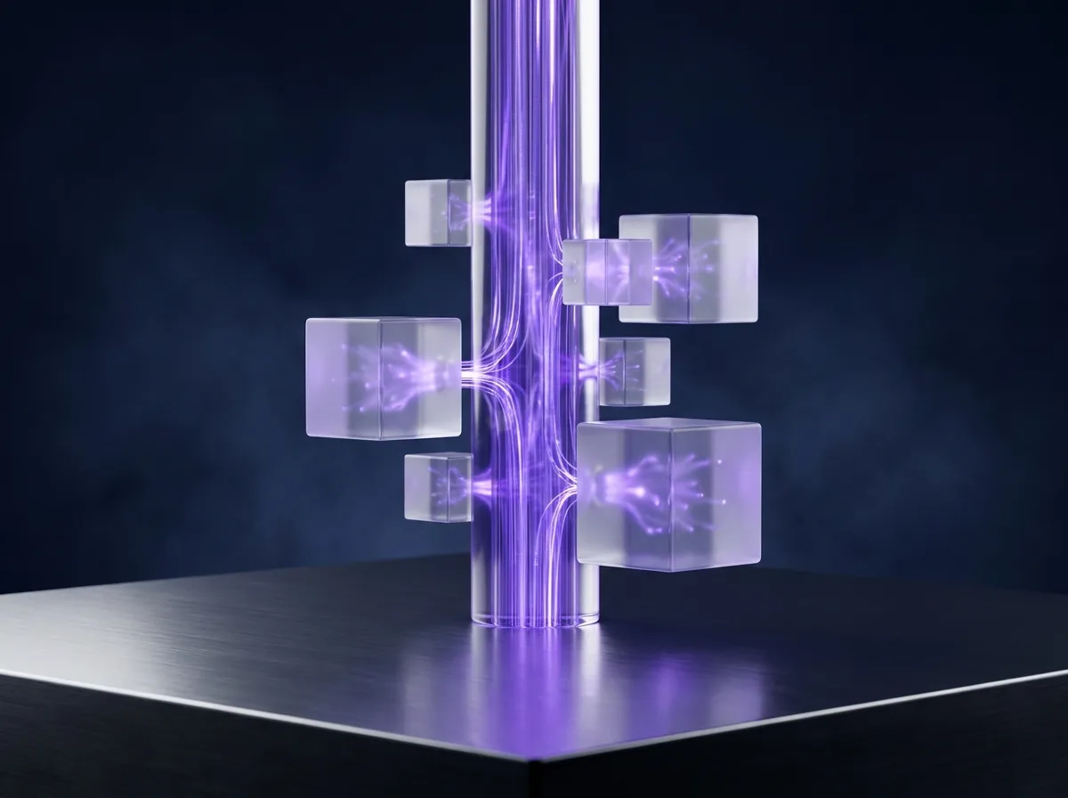 Abstrakte Visualisierung von xentral als Rückgrat: eine zentrale leuchtende Glas-Säule, an die kleinere Modul-Würfel andocken